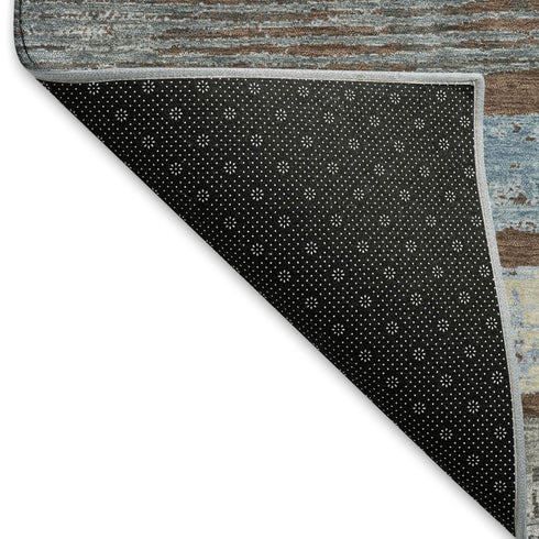8' X 10' Chocolate Blue And Gray Striped Washable Area Rug With UV Protection