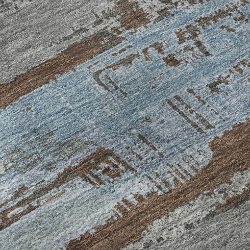 8' X 10' Chocolate Blue And Gray Striped Washable Area Rug With UV Protection