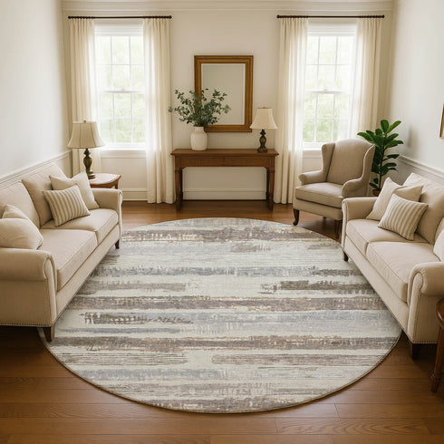 8' Linen Gray And Ivory Striped Washable Round Rug With UV Protection