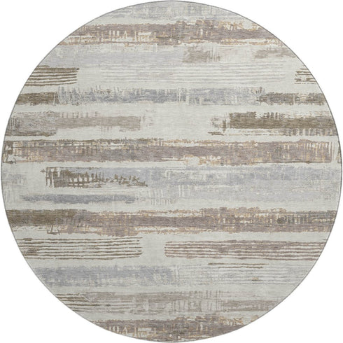 8' Linen Gray And Ivory Striped Washable Round Rug With UV Protection