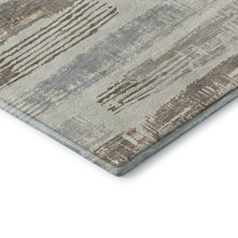 8' Linen Gray And Ivory Striped Washable Round Rug With UV Protection