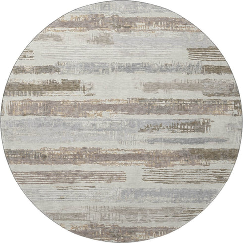 8' Linen Gray And Ivory Striped Washable Round Rug With UV Protection