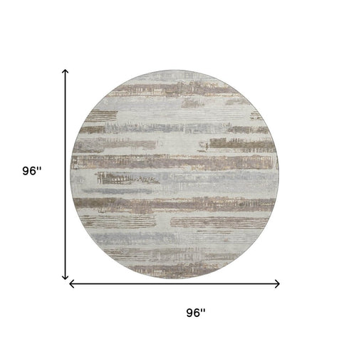 8' Linen Gray And Ivory Striped Washable Round Rug With UV Protection