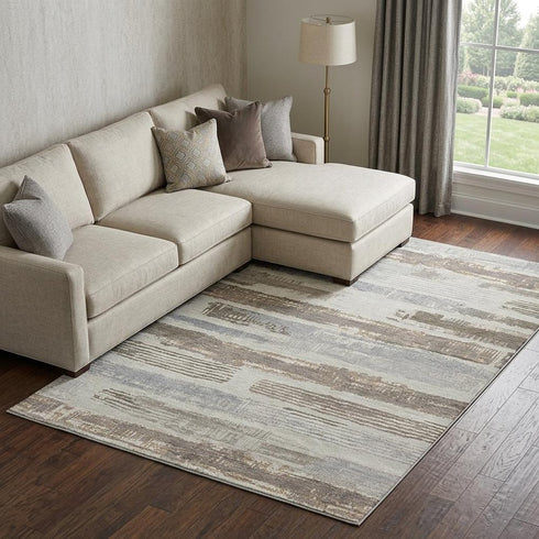 8' X 10' Linen Gray And Ivory Striped Washable Area Rug With UV Protection