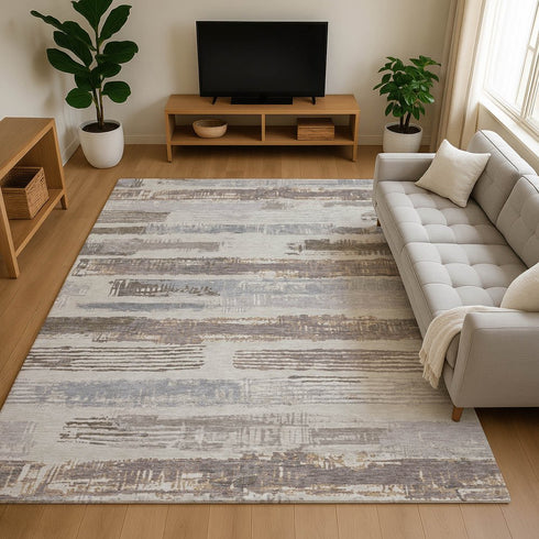 8' X 10' Linen Gray And Ivory Striped Washable Area Rug With UV Protection