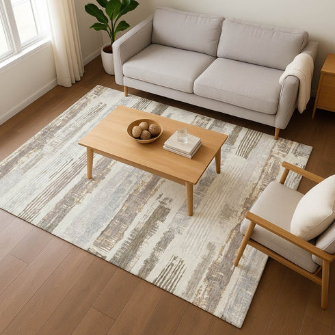 8' X 10' Linen Gray And Ivory Striped Washable Area Rug With UV Protection