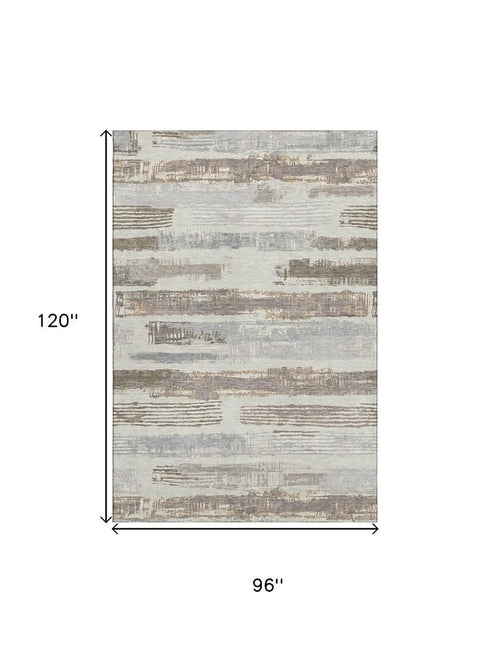 8' X 10' Linen Gray And Ivory Striped Washable Area Rug With UV Protection