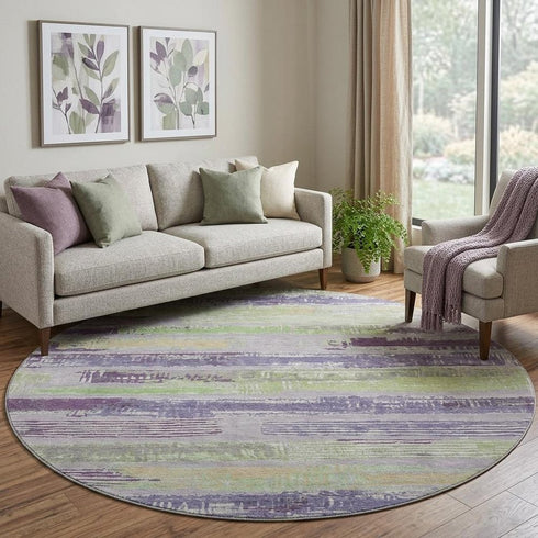 8' Lavender Green And Ivory Striped Washable Round Rug With UV Protection