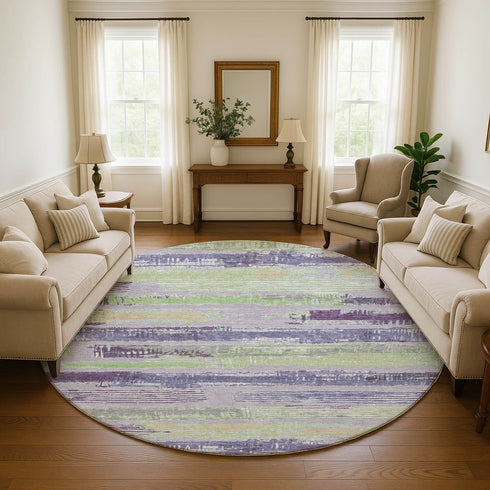 8' Lavender Green And Ivory Striped Washable Round Rug With UV Protection