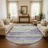 8' Lavender Green And Ivory Striped Washable Round Rug With UV Protection
