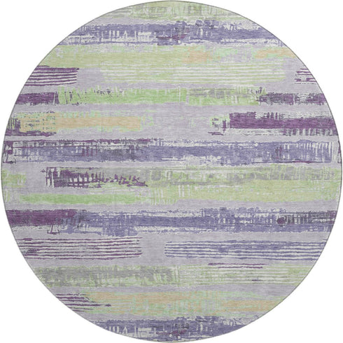 8' Lavender Green And Ivory Striped Washable Round Rug With UV Protection