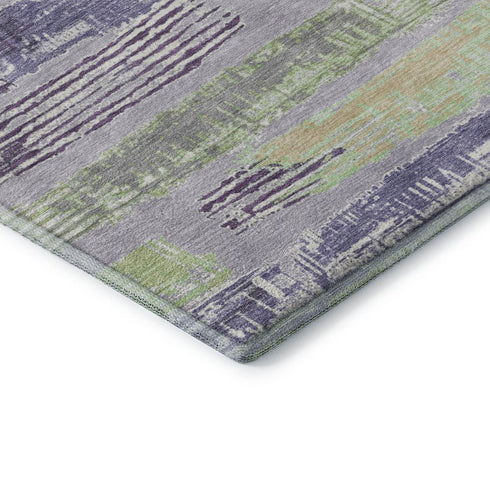 8' Lavender Green And Ivory Striped Washable Round Rug With UV Protection