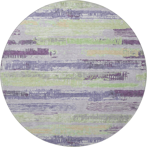 8' Lavender Green And Ivory Striped Washable Round Rug With UV Protection