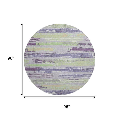 8' Lavender Green And Ivory Striped Washable Round Rug With UV Protection