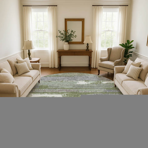 8' Olive Green Gray And Silver Striped Washable Round Rug With UV Protection
