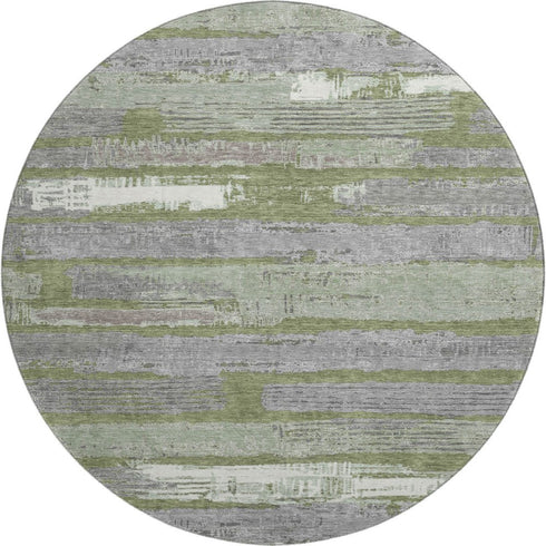 8' Olive Green Gray And Silver Striped Washable Round Rug With UV Protection