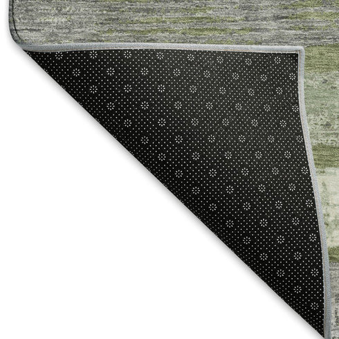8' Olive Green Gray And Silver Striped Washable Round Rug With UV Protection