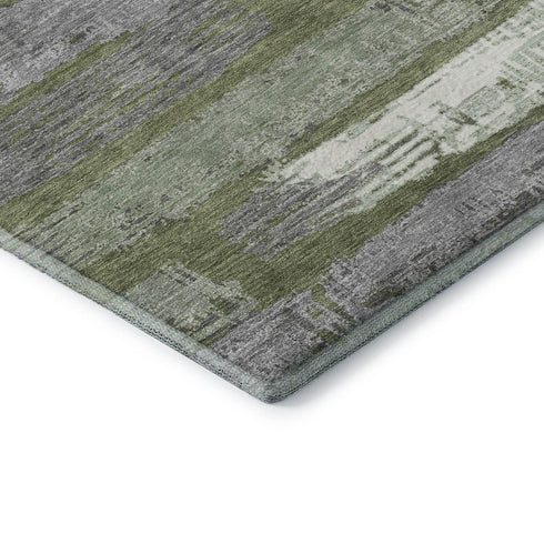 8' Olive Green Gray And Silver Striped Washable Round Rug With UV Protection