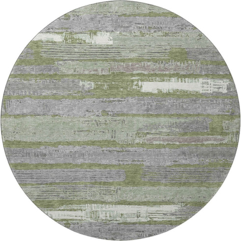 8' Olive Green Gray And Silver Striped Washable Round Rug With UV Protection