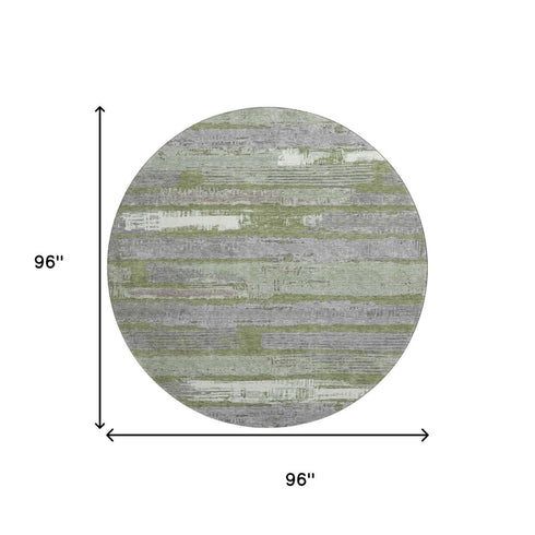 8' Olive Green Gray And Silver Striped Washable Round Rug With UV Protection