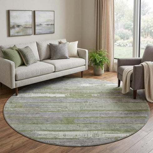 8' Olive Green Gray And Silver Striped Washable Round Rug With UV Protection