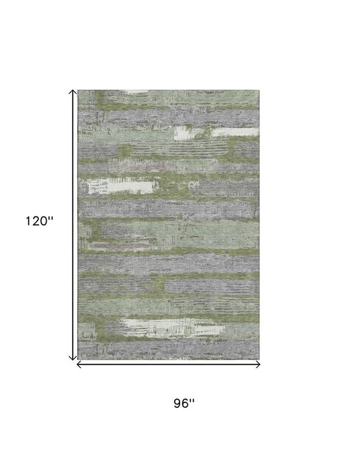8' X 10' Olive Green Gray And Silver Striped Washable Area Rug With UV Protection