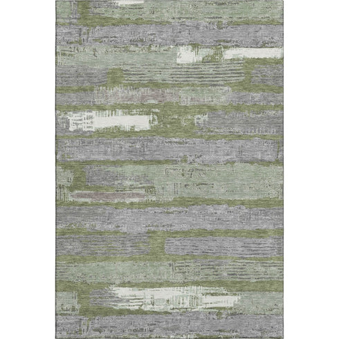 8' X 10' Olive Green Gray And Silver Striped Washable Area Rug With UV Protection