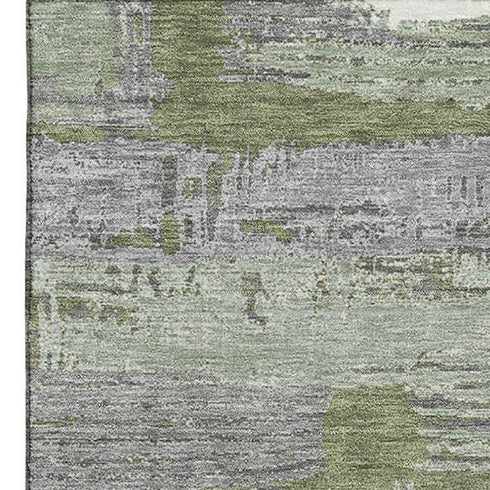 8' X 10' Olive Green Gray And Silver Striped Washable Area Rug With UV Protection