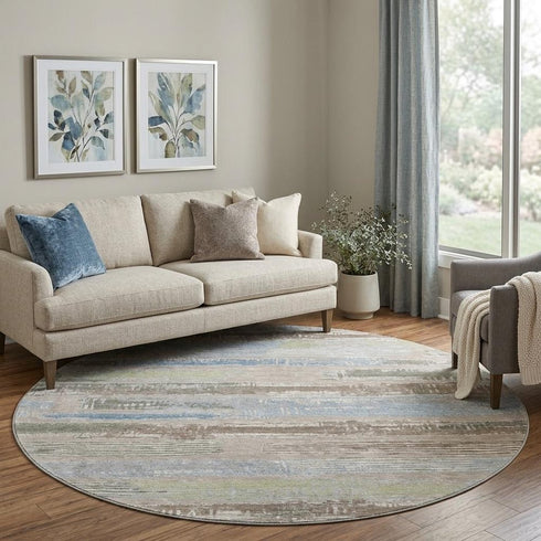 8' Taupe Blue And Green Striped Washable Round Rug With UV Protection