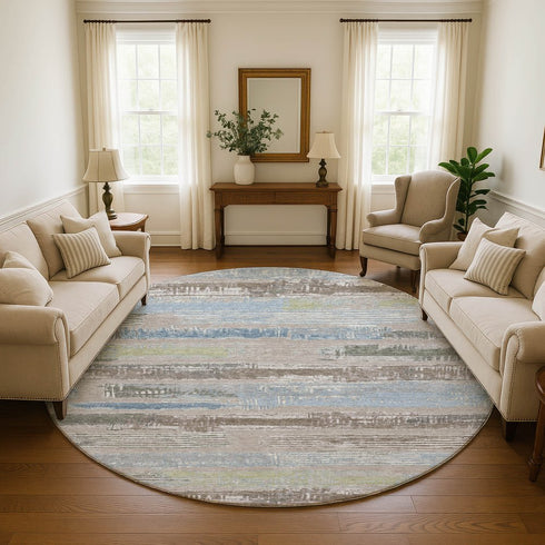 8' Taupe Blue And Green Striped Washable Round Rug With UV Protection