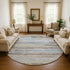 8' Taupe Blue And Green Striped Washable Round Rug With UV Protection
