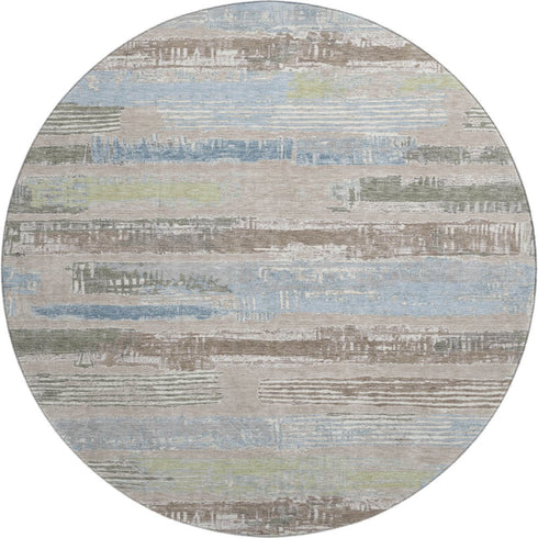 8' Taupe Blue And Green Striped Washable Round Rug With UV Protection