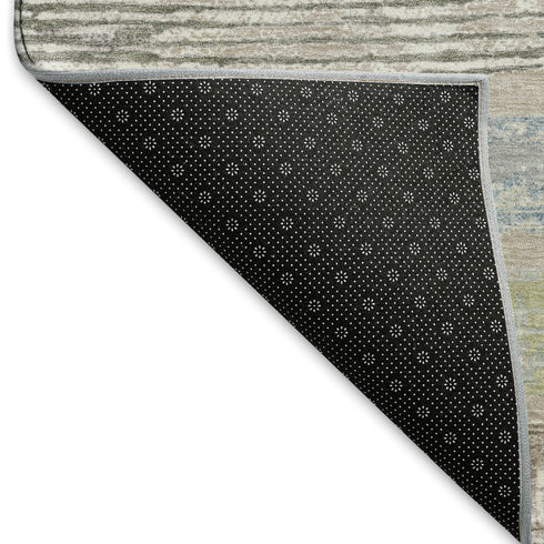 8' Taupe Blue And Green Striped Washable Round Rug With UV Protection