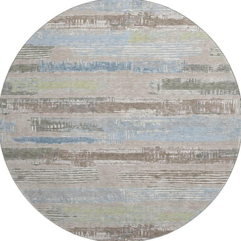 8' Taupe Blue And Green Striped Washable Round Rug With UV Protection