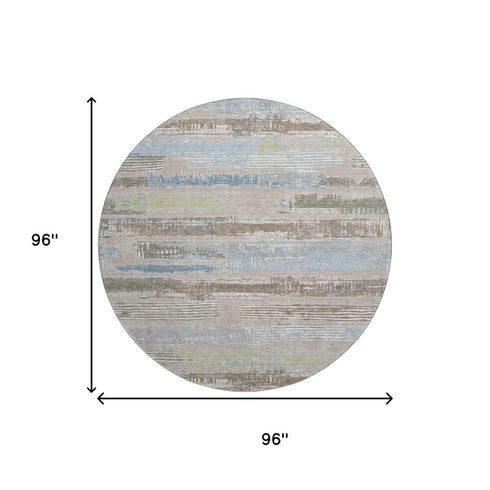 8' Taupe Blue And Green Striped Washable Round Rug With UV Protection