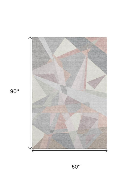 5' X 8' Blush Ivory And Gray Geometric Washable Area Rug With UV Protection