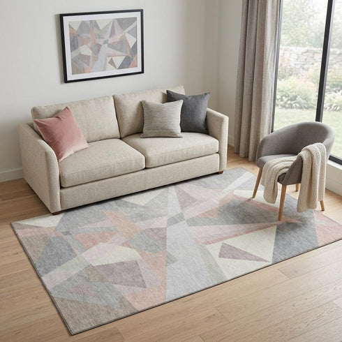 5' X 8' Blush Ivory And Gray Geometric Washable Area Rug With UV Protection