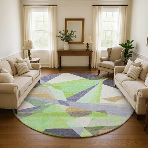 8' Lavender Green And Ivory Geometric Washable Round Rug With UV Protection