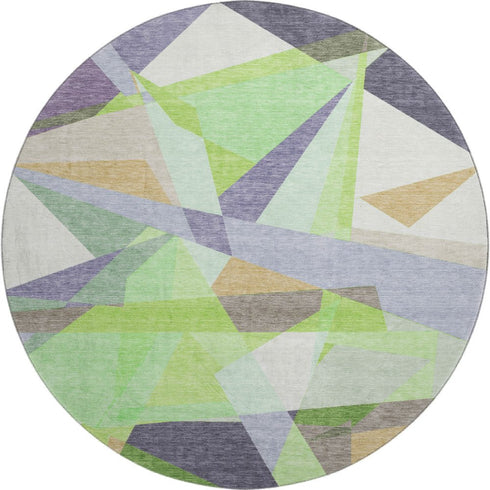 8' Lavender Green And Ivory Geometric Washable Round Rug With UV Protection
