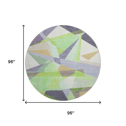 8' Lavender Green And Ivory Geometric Washable Round Rug With UV Protection