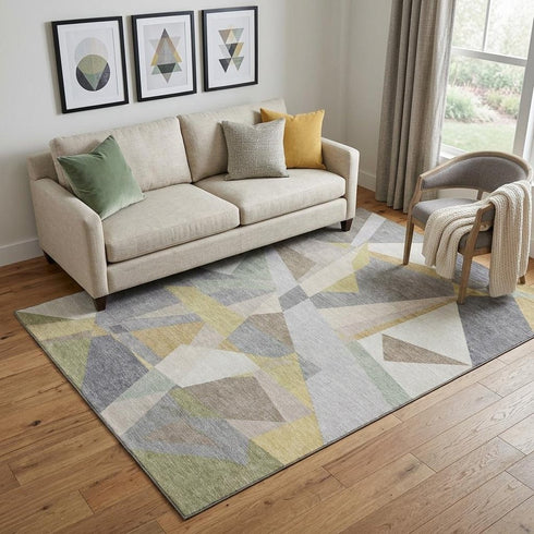 5' X 8' Pewter Ivory And Wheat Geometric Washable Area Rug With UV Protection