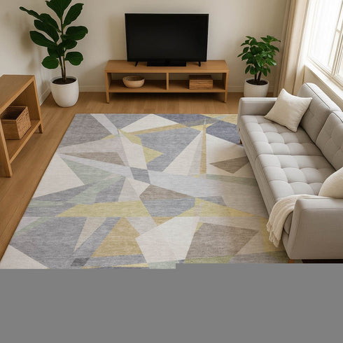 9' X 12' Pewter Ivory And Wheat Geometric Washable Area Rug With UV Protection