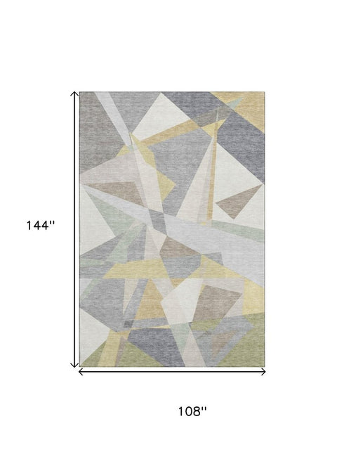 9' X 12' Pewter Ivory And Wheat Geometric Washable Area Rug With UV Protection