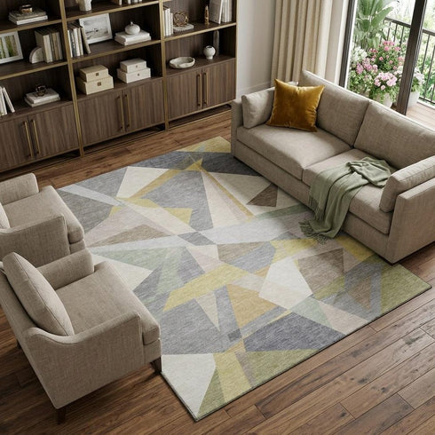 9' X 12' Pewter Ivory And Wheat Geometric Washable Area Rug With UV Protection