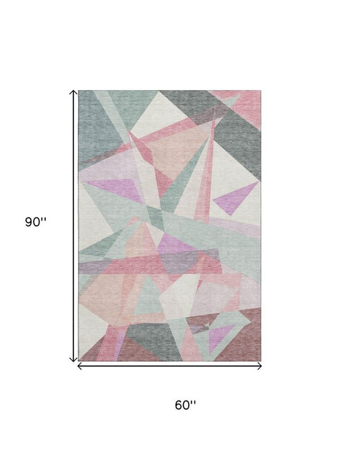 5' X 8' Pale Aqua Blush And Sage Geometric Washable Area Rug With UV Protection