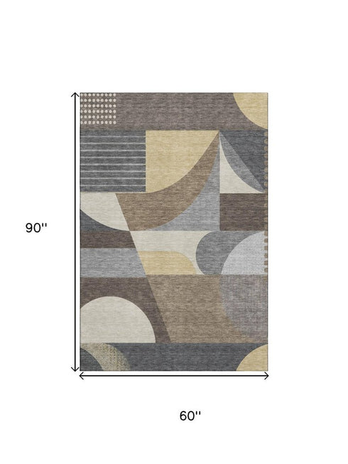 5' X 8' Brown Gray And Ivory Geometric Washable Area Rug With UV Protection
