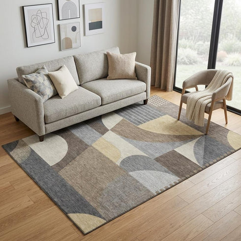 5' X 8' Brown Gray And Ivory Geometric Washable Area Rug With UV Protection