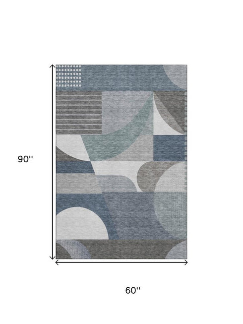 5' X 8' Gray Blue And Ivory Geometric Washable Area Rug With UV Protection