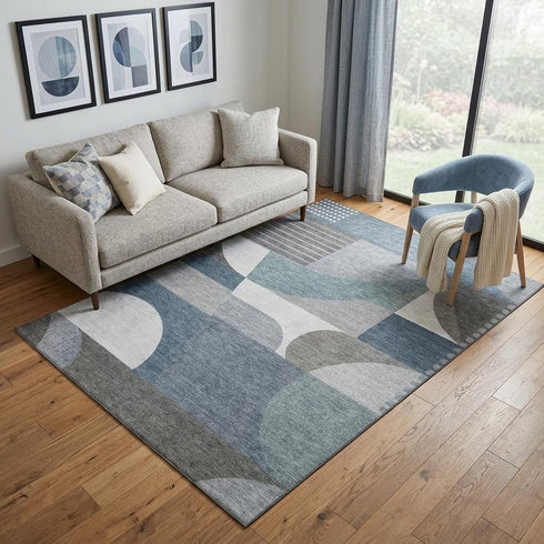 5' X 8' Gray Blue And Ivory Geometric Washable Area Rug With UV Protection