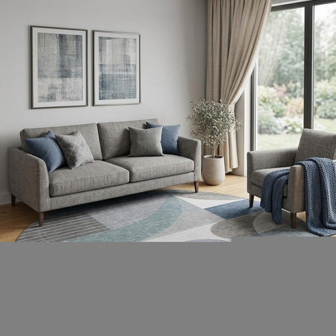 8' Gray Blue And Ivory Geometric Washable Round Rug With UV Protection